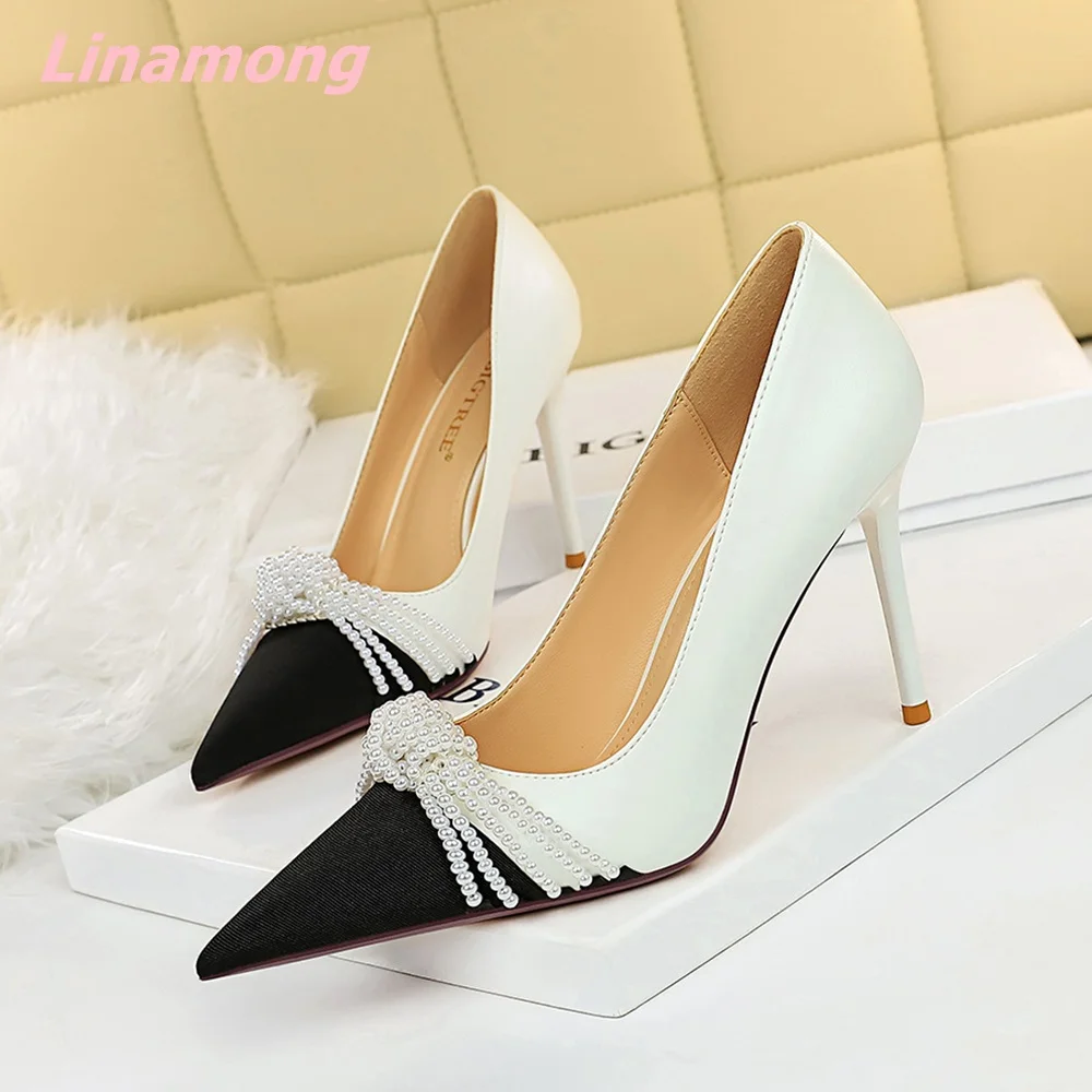 

Pearl Summer Newest Women Party Pumps Pointed Toe Shallow Thin High Heel Butterfly Knot Sexy Solid Wedding Shoes Hottest 2024