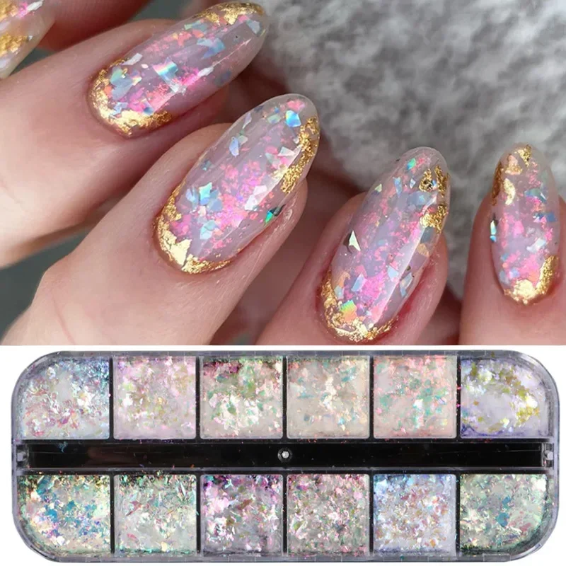 12 grilles irisées pour ongles, aurore, paillettes de cristal, flocons de feu, holographiques scintillants, breloques, vernis Gel, Flash de manucure