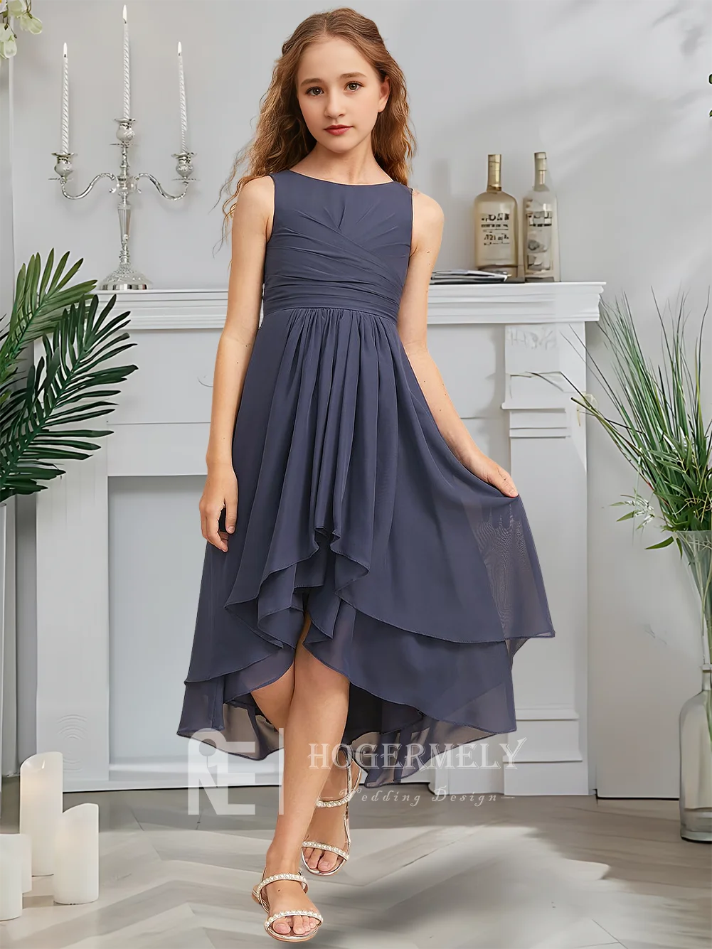 Этническое трапециевидное платье для подружек невесты, серебряное платье с цветочным узором для девочек, шифоновое платье длиной до колена с каскадными оборками на свадьбу