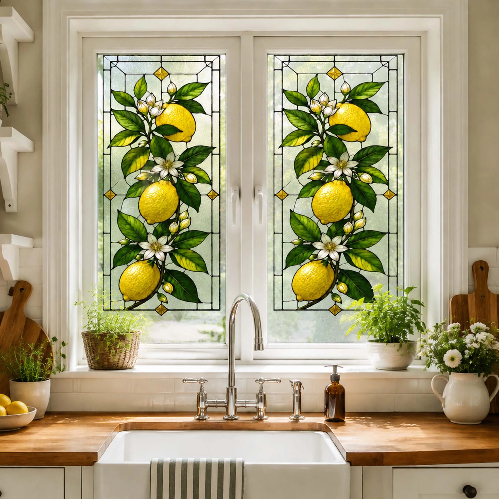 Tiffany Stained Glass Window Film Lemon Floral Frosted Glass Sticker Privacy Static Cling Window Decal Kitchen Home Decor