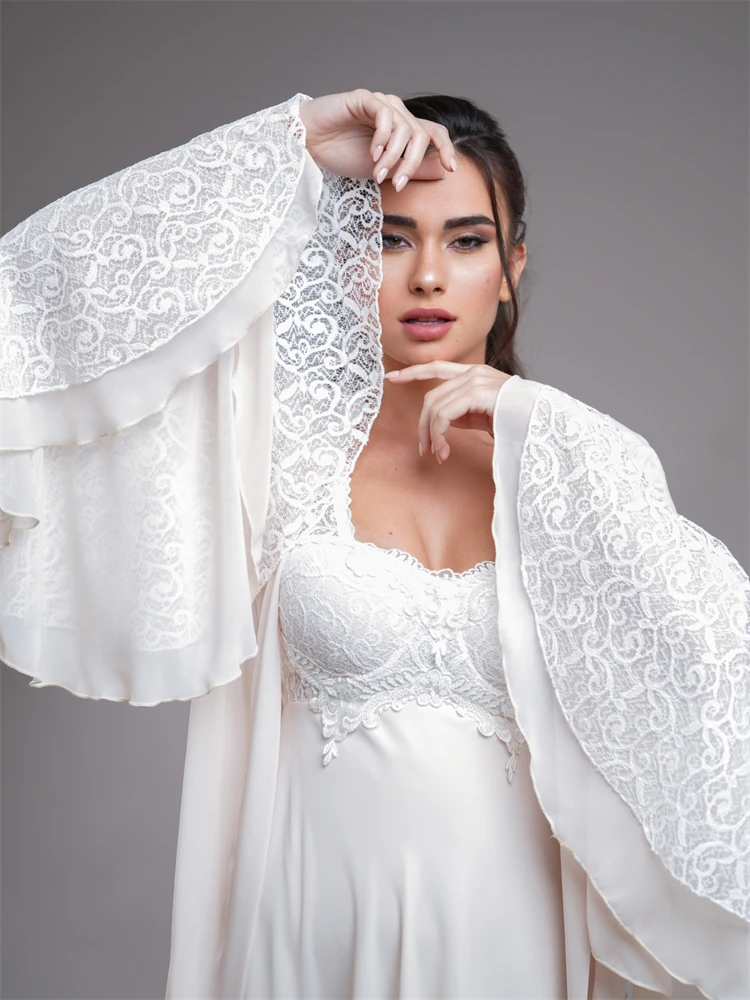 Elegant Two-Pieces Lace Bride Robe For Wedding Sexy Flare Sleeves Chiffon Bridal Shower Dress Women Night Gwon 2024