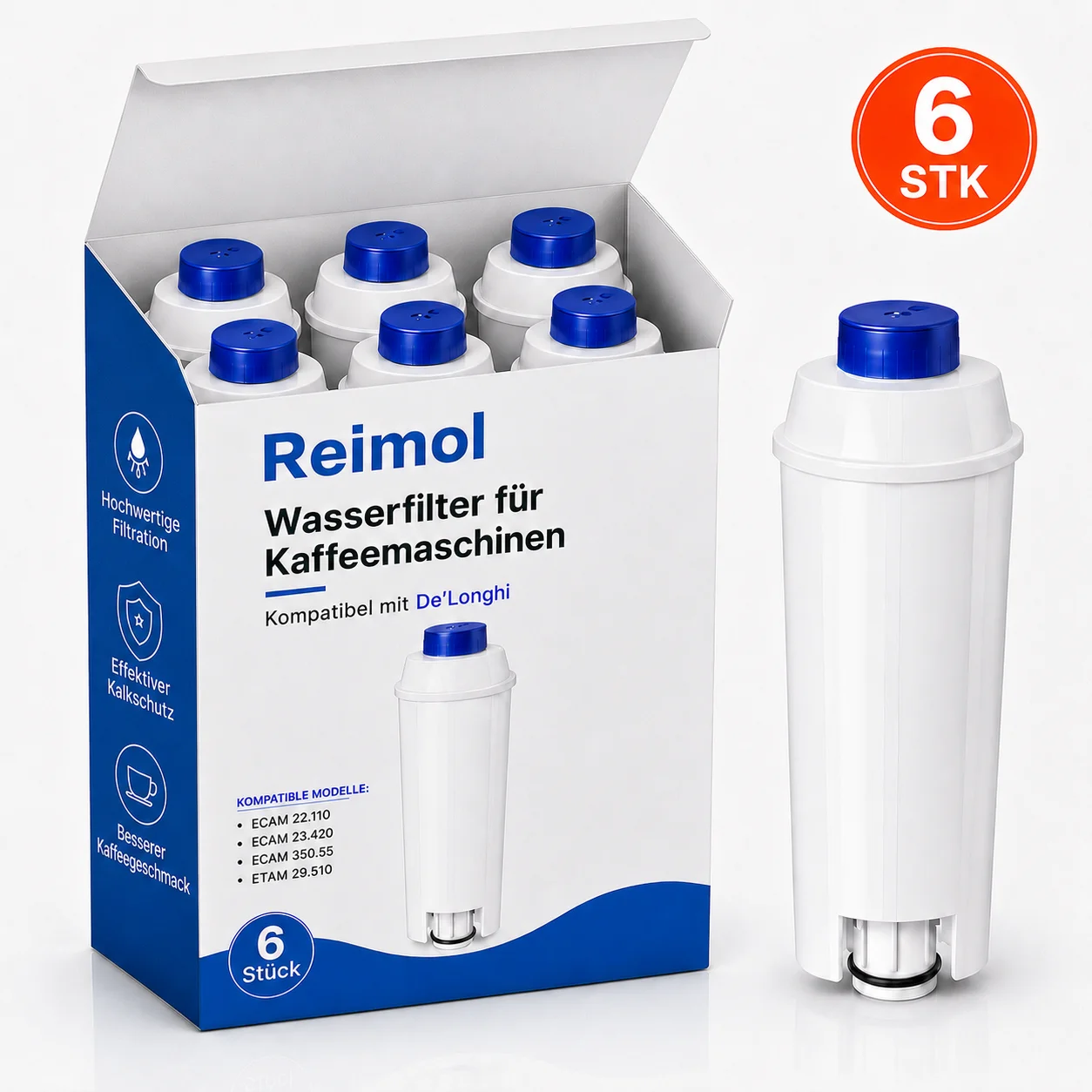 Reimol 6 Stück Wasserfilter Ersatzfilter für Kaffeemaschinen, kompatibel mit DeLonghi ECAM Serie, ESAM Serie und ETAM Serie