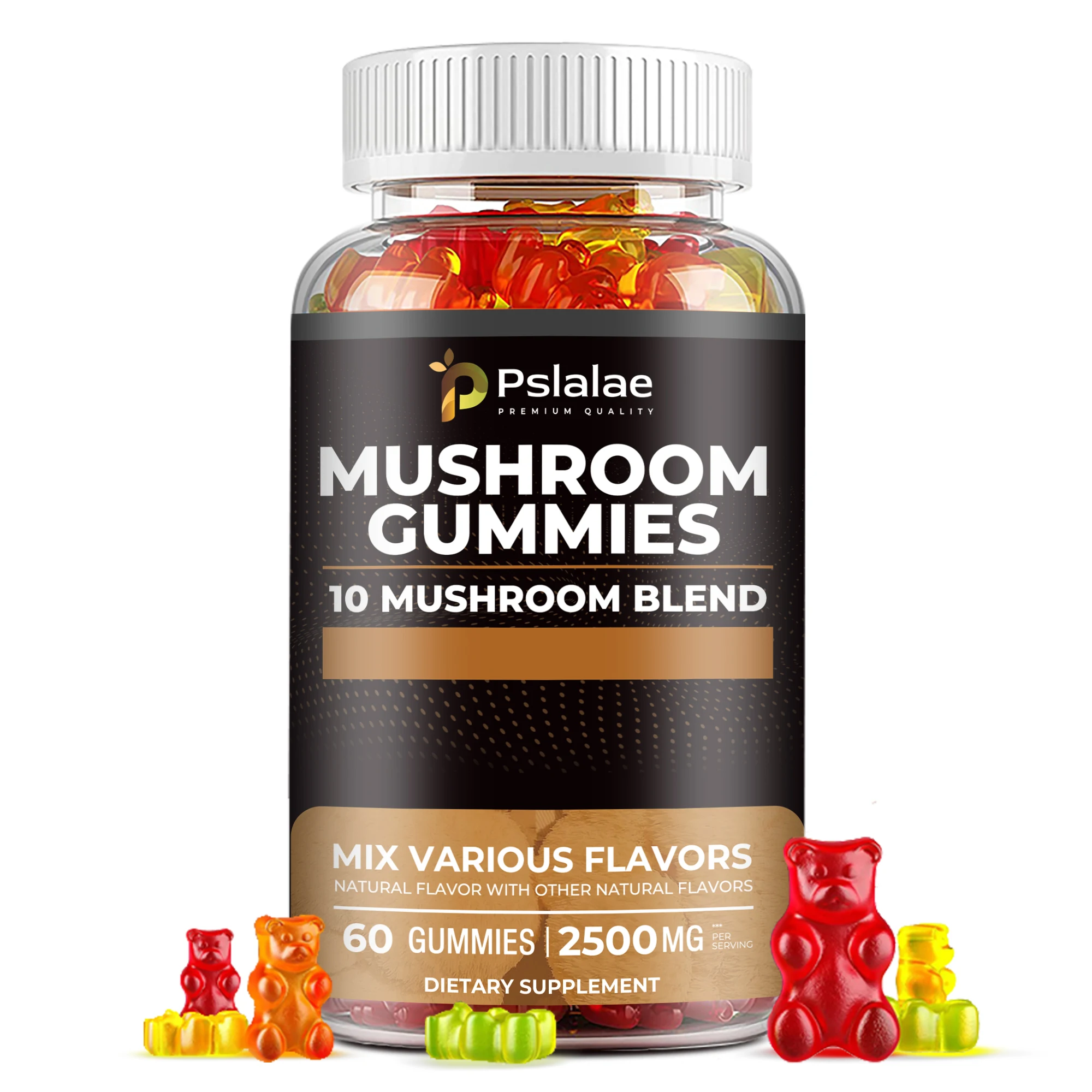 Mushroom Gummies - 10 Mushroom Blend - Natural Stress & Mood Support, Enhance Brain, Memory & Focus, Immune - 60 Gummies