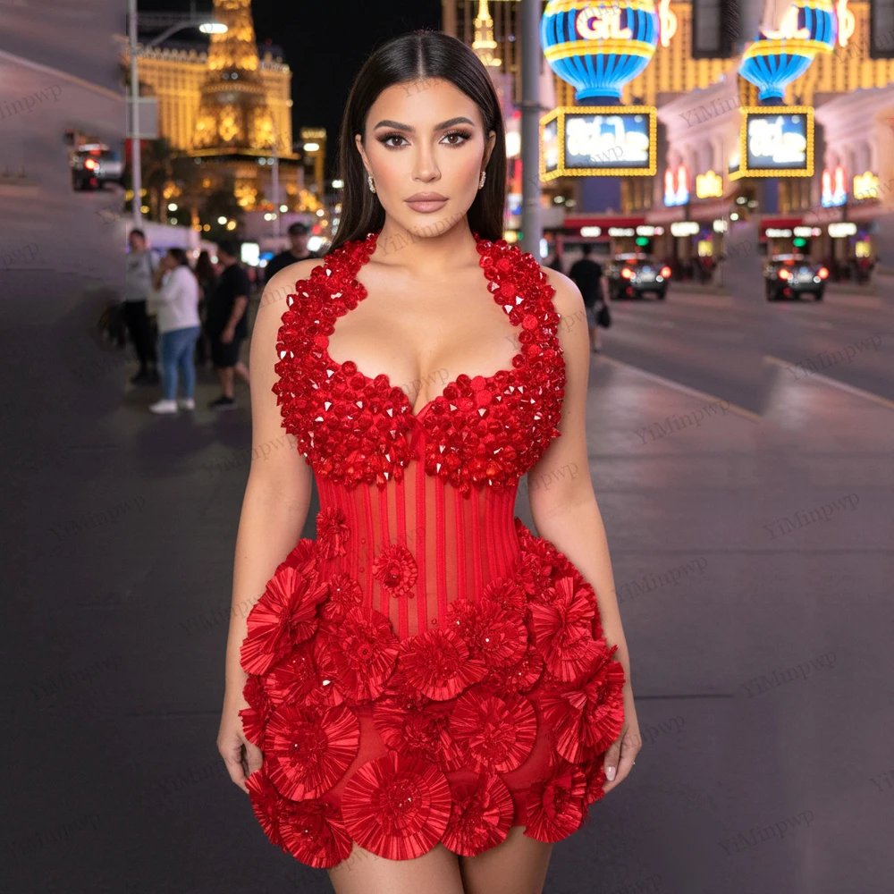 

Red Short Cocktail Dresses for Women Halter Corset Crystal Flowers Mini Birthday Party Gowns Night Club Evening Dress Customized