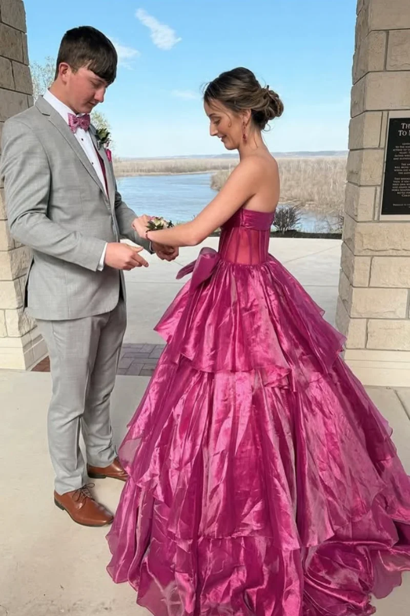 Jessica Abiti da sera con fiocco fatti a mano Abiti da ballo multistrato in organza Abiti da festa di nozze da donna sexy con spalle scoperte personalizzati