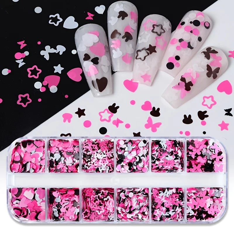 12 Box Set of Pinkblack Butterfly Love Flower Rabbit Nail Art Glitter Beauty False Eyelash Decoration Glitter--Shine Holographic