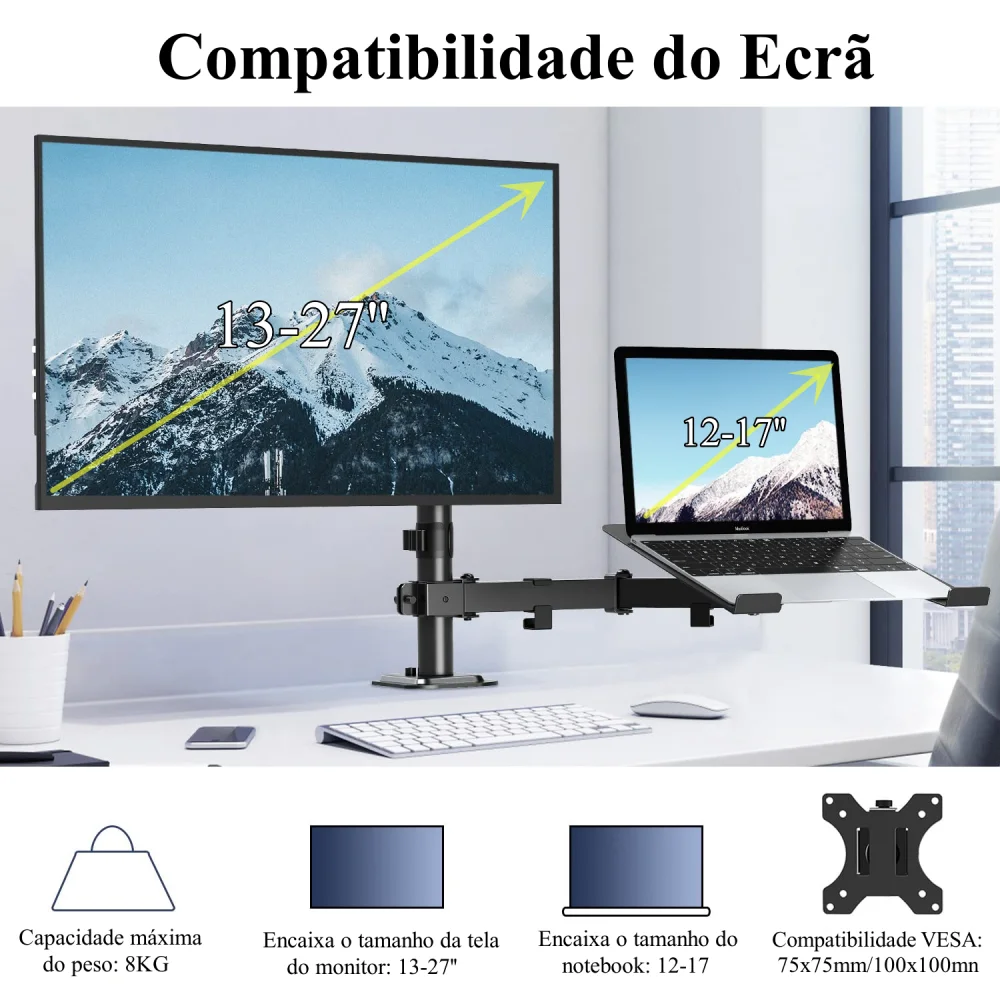 Notebook monitora suporte articulado, suporte 2 tabela, 13 polegadas, 27 polegadas, VESA com ajuste de junta, altura preta para computador