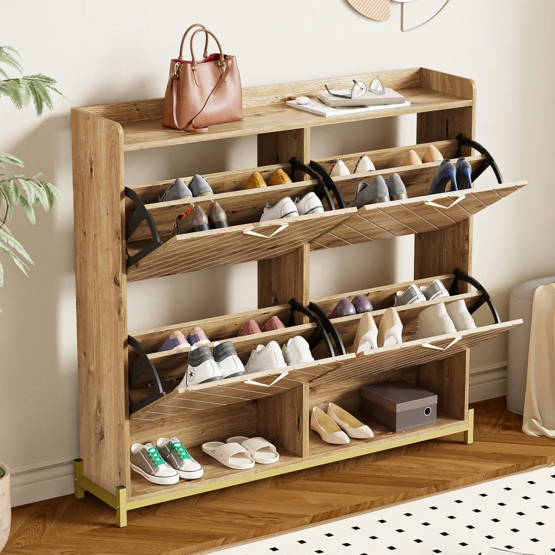 Modern schoenenrek in houtlook – 4-deurs schoenenkast – ruimtebesparende schoenenkast voor entree, hal of gang – - afbeelding 2