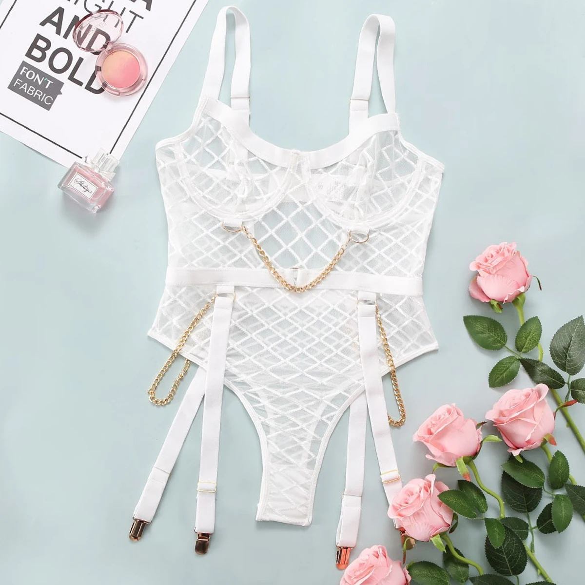 

Сексуальное кружевное сетчатое боди с цепочками и подвязками – Прозрачное белье с сетчатым узором для женщин