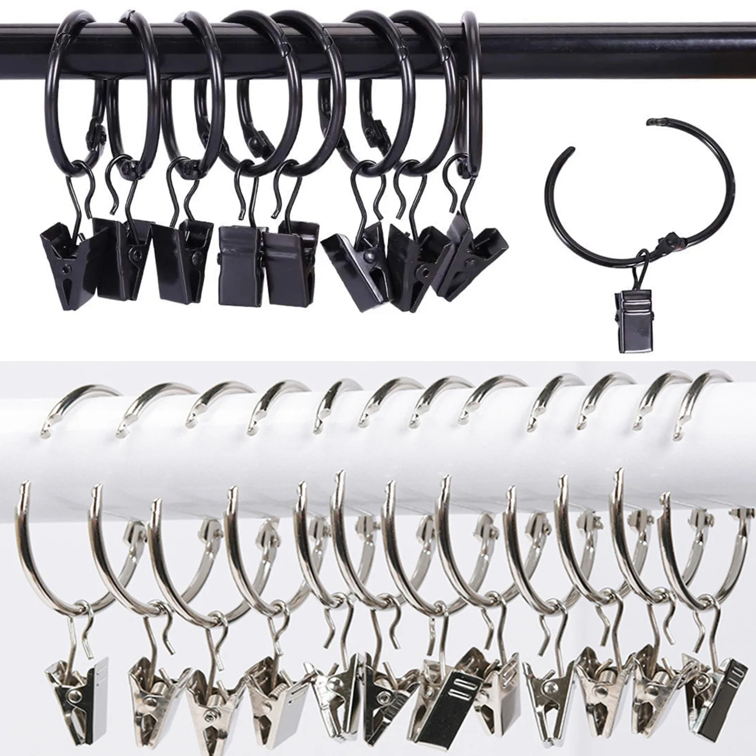 

36pcs Black/Silver Metal Openable Curtain Rings with Clips, 1.5 Inch Interior Diameter, Fits up to 1.2 Inch Rod, Heavy Dut