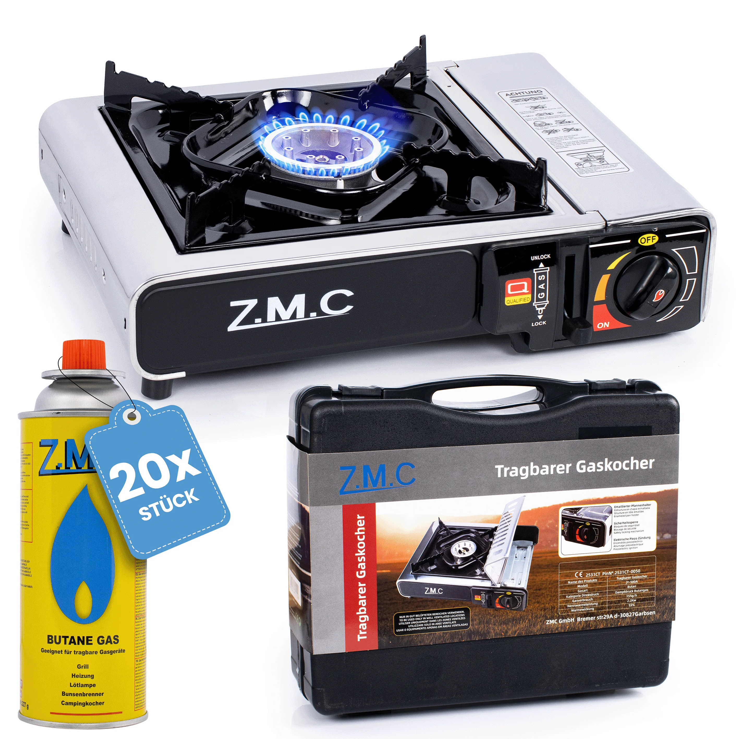 Réchaud de camping en acier inoxydable ZMC, brûleur unique, 2,2 kW, avec allumage piézoélectrique et étui de transport inclus. 20 cartouches de gaz 227g - Cuisinière à gaz portable pour le camping, les pique-niques, les festivals, le jardin et les urgences - Compacte, robuste et économique