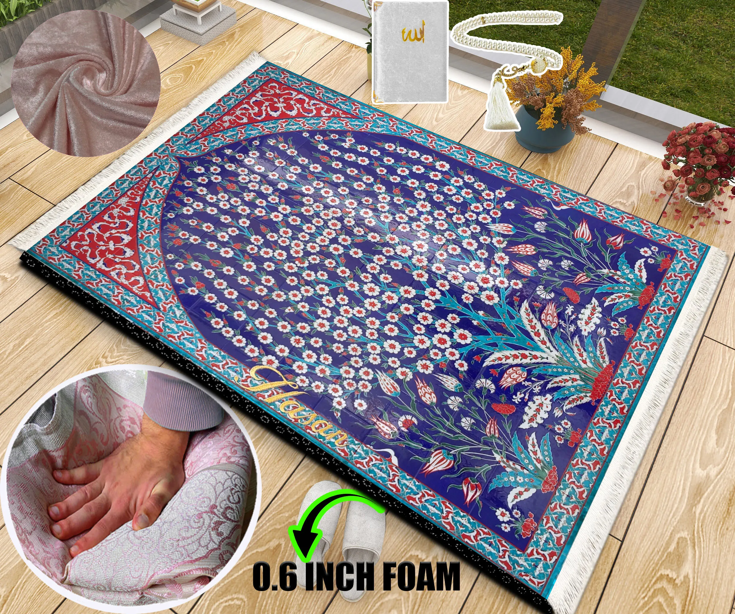 

Extra Thick Foam Padded Turkish Tile Prayer Rug, Luxury Yaseen, Soft Praying Mat Carpet & Pearl Tasbeeh, İslamic Gift Set