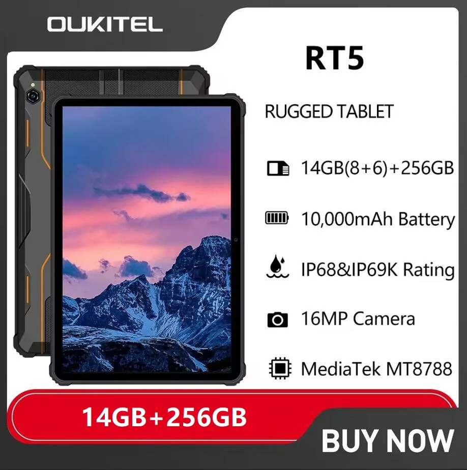 Oukitel RT5 4G 견고한 태블릿, 10.1 인치 FHD 안드로이드 13 패드, 옥타 코어, 8GB + 256GB 태블릿, 16MP 카메라, 듀얼 SIM, 11000mAh 태블릿 패드