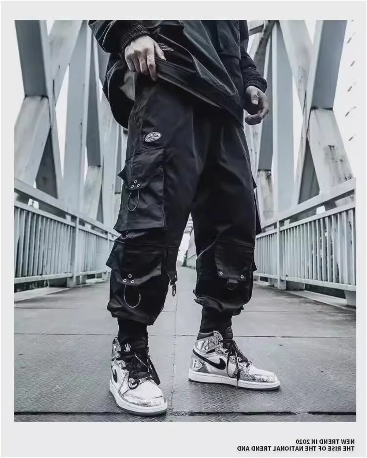 Funktionale Cargohose mit großen Taschen für Herren, Harajuku, lockerer Hip-Hop-Stil, trendige, elastische, knöchellange Freizeithose, moderne Streetwear – Detail 3