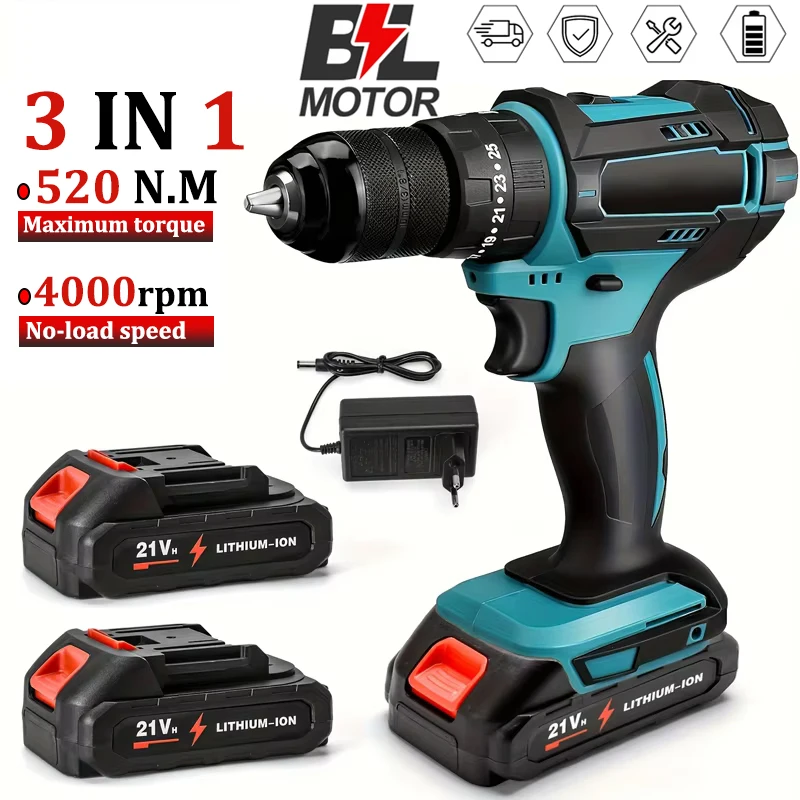 Perceuse à percussion électrique 520 N.m, tournevis électrique 3 en 1, perceuse à percussion sans fil, batterie lithium-ion, outils électriques