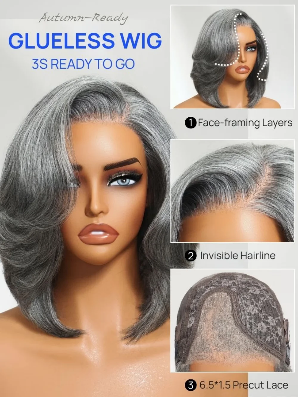 Nadula 6.5*1.5 الجانب جزء الملح والفلفل الرمادي الطبقات بوب قبل قطع الحد الأدنى الدانتيل غلويليس باروكة من شعر طبيعي قصير بوب خصلات الشعر المستعار الإنسان #6