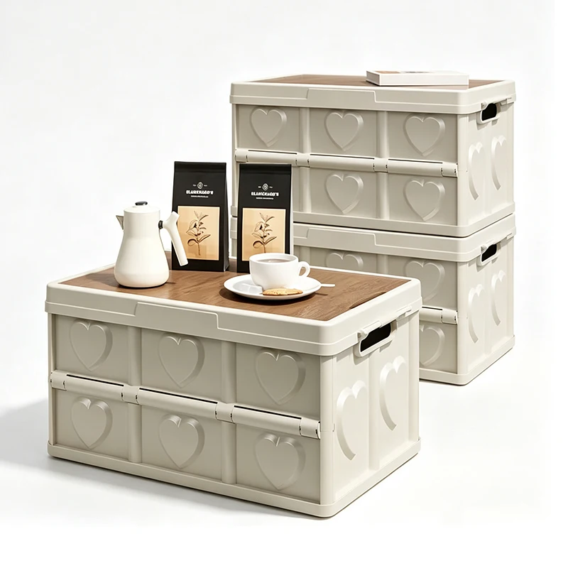 Multi-Functional Folding Storage Box with Wooden Top, Convertible Side Table for Camping, Picnic, Fishing and Home Organization, Lightweight yet Sturdy Plastic Build