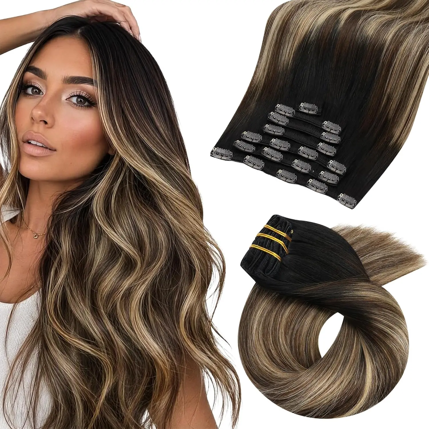 Moresoo Clip in Hair Extensions Real Human Hair Clip Ins Balayage Remy Clip in Hair Extensions Double Weft Human Hair Clip in
