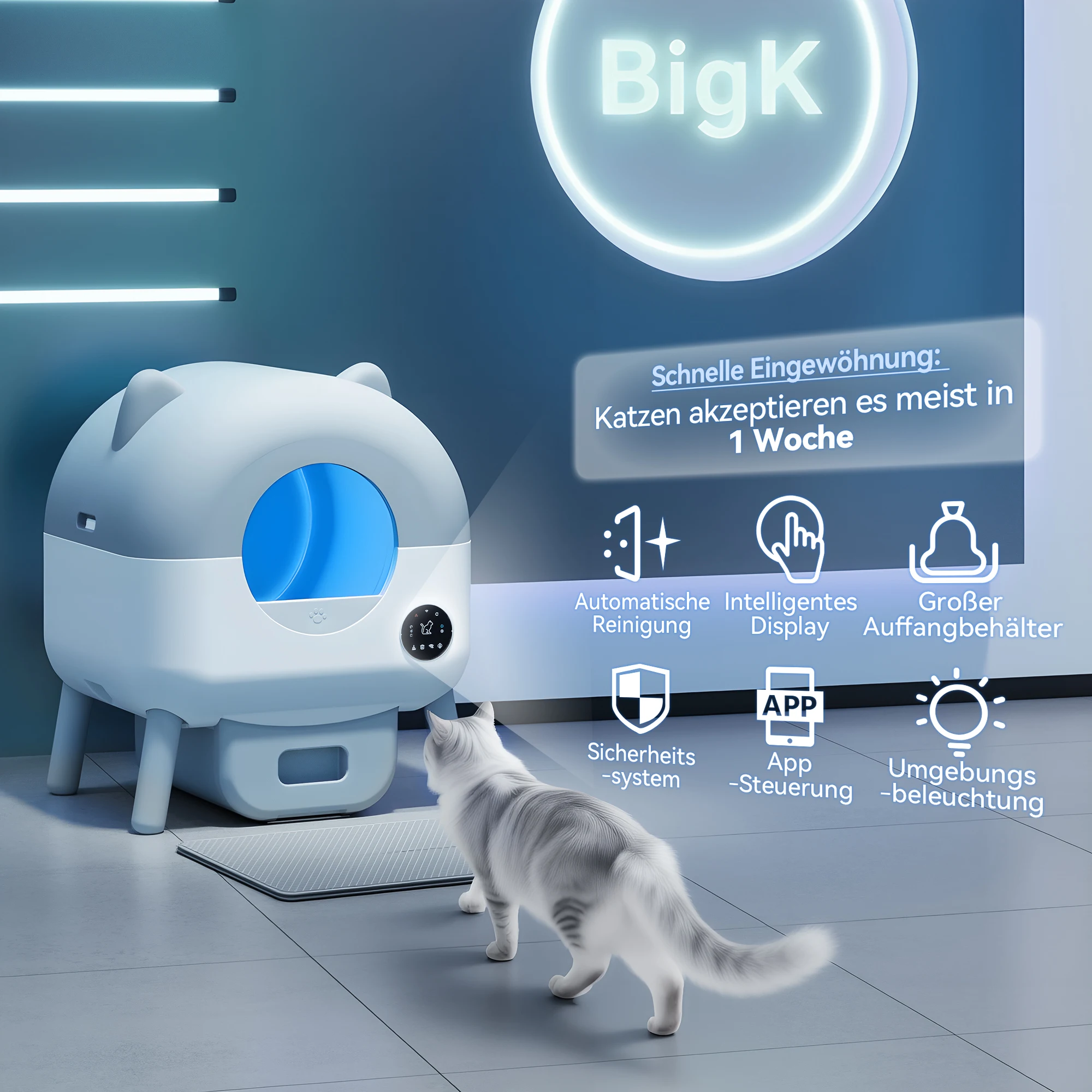 Toilette pour chat autonettoyante Devoko 95L, système de sécurité triple, contrôle par application, élimination des odeurs, pour plusieurs chats