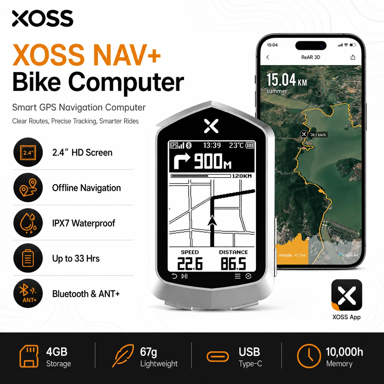 XOSS NAV+ GPS Fahrradcomputer 2,4 Zoll HD-Bildschirm Offline-Navigation 4GB Speicher ANT+ Bluetooth IPX7 Wasserdicht 33H Akku USB Typ-C Fahrradcomputer
