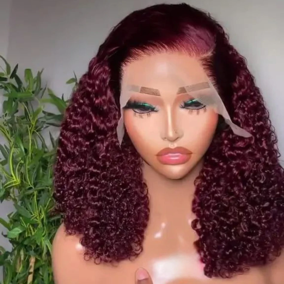

99J Burgundy Bob Wig Human Hair Curly 13x4 Frontal Wig Deep Wave Short Bob Lace Front Wig Deep Curly Bob Wig Human Hair 200% Wig