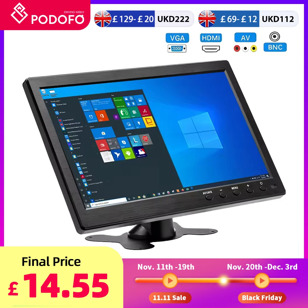 Podofo 10.1" LCD HD Monitor Mini TV & Computer Speaker HDMI VGA Display Color Screen Car Backup Camera & Home Security System ﻿