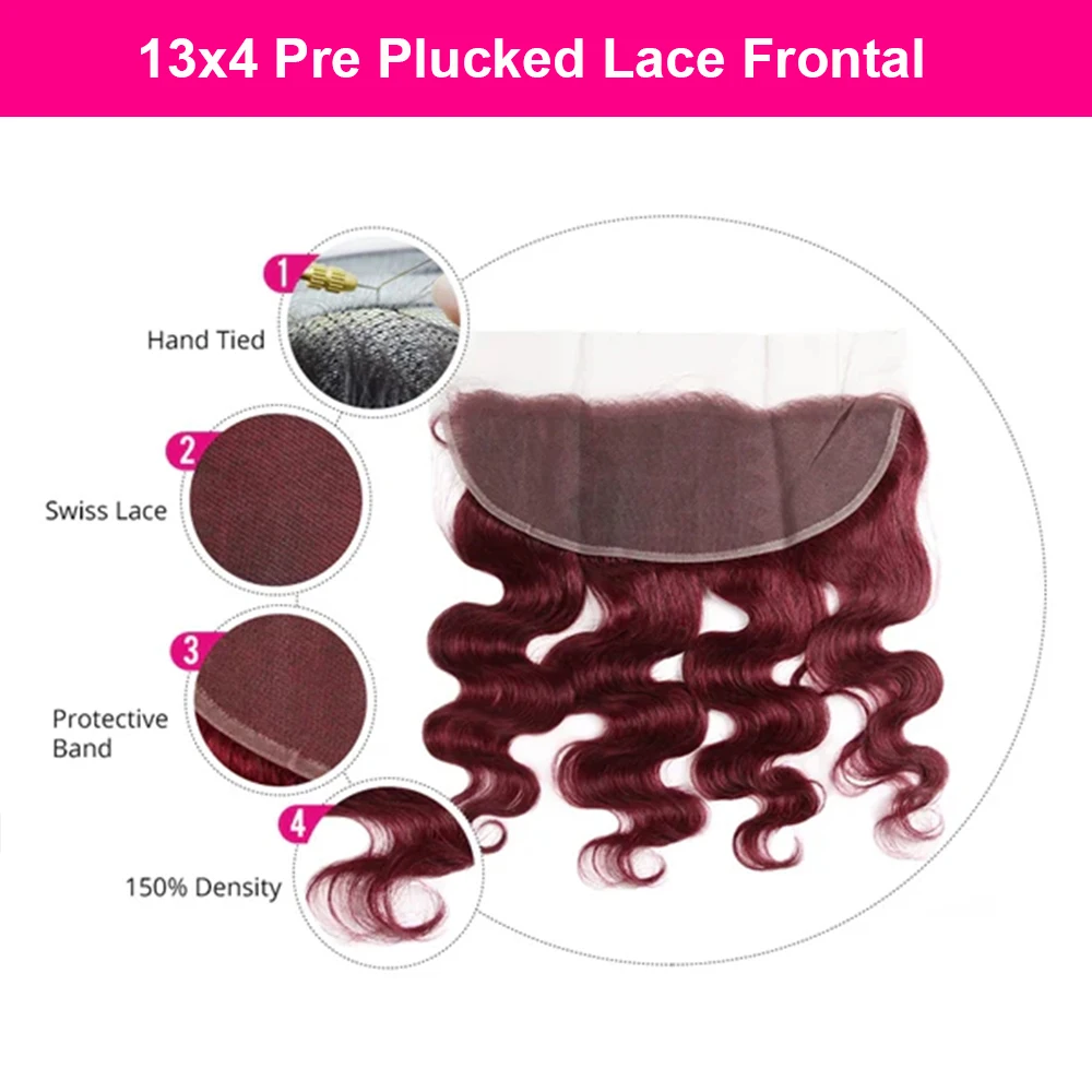 Burgunder Body Wave Bundles mit frontaler 13x4 Spitze 100% Echthaar verlängerung bündel mit Verschluss farbe 99j Echthaar Tissage