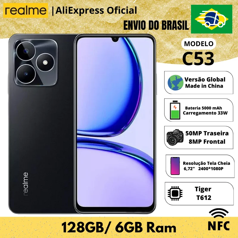 Celular Realme C53 Champion Black 128GB ROM / 6GB RAM | Envio do Brasil | Smartphone 4G , ROM Global , Processador Tiger T612