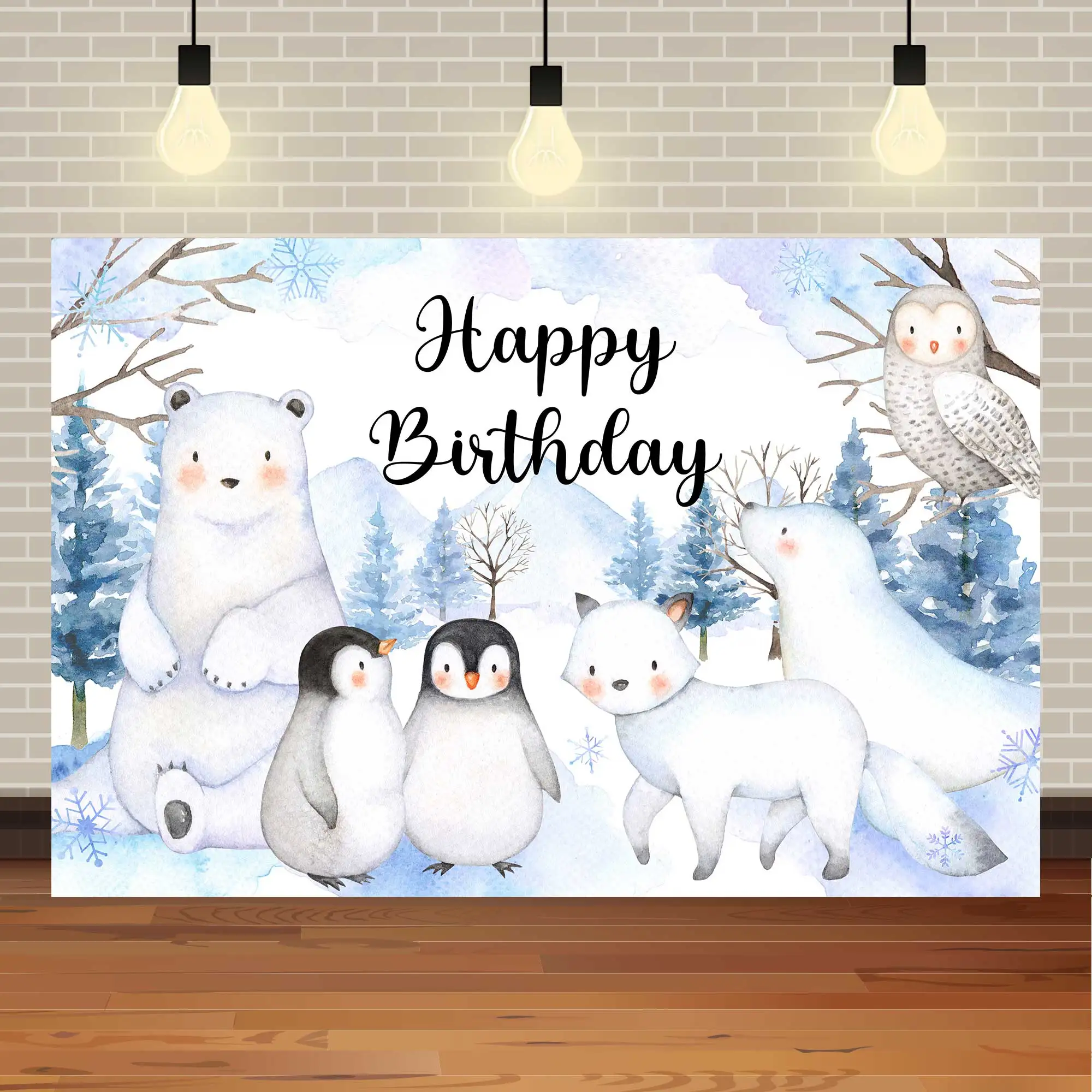 นีโอแบ็กฤดูหนาวสัตว์อาร์กติกเกล็ดหิมะหมีขั้วโลกเพนกวินถ่ายภาพวันเกิดสำหรับเด็กพื้นหลังอาบน้ำทารก