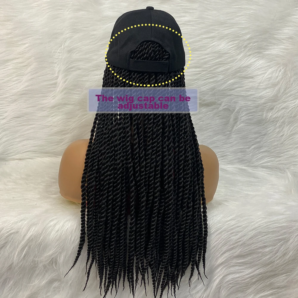 Pelucas trenzadas sintéticas baratas con gorra de béisbol, pelucas de caja de Color Natural para mujeres negras Afro, uso diario, sombrero blanco, 24 pulgadas