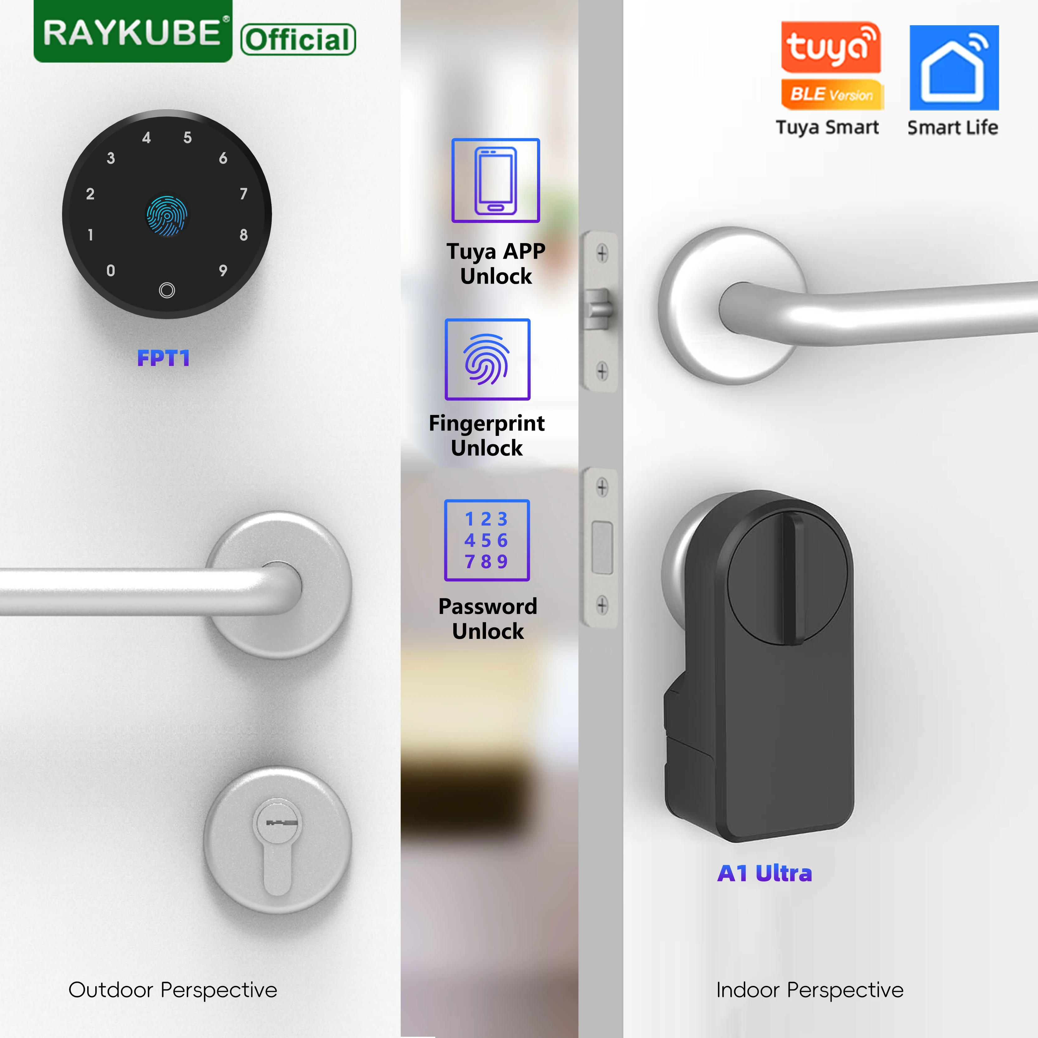 RAYKUBE A1 Ultra Tuya BLE Intelligent Electronic Door Lock with Wireless Fingerprint Keypad Lock FPT1 Punch-free Installation