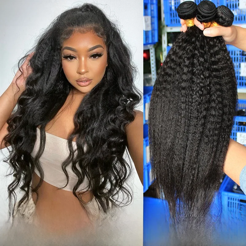 Kinky Rechte Bundels Weven Grof Yaki Recht Weven Ruwe Indiase Menselijk Haar Bundels Met Sluiting Hair Extensions Voor Vrouwen - afbeelding 2