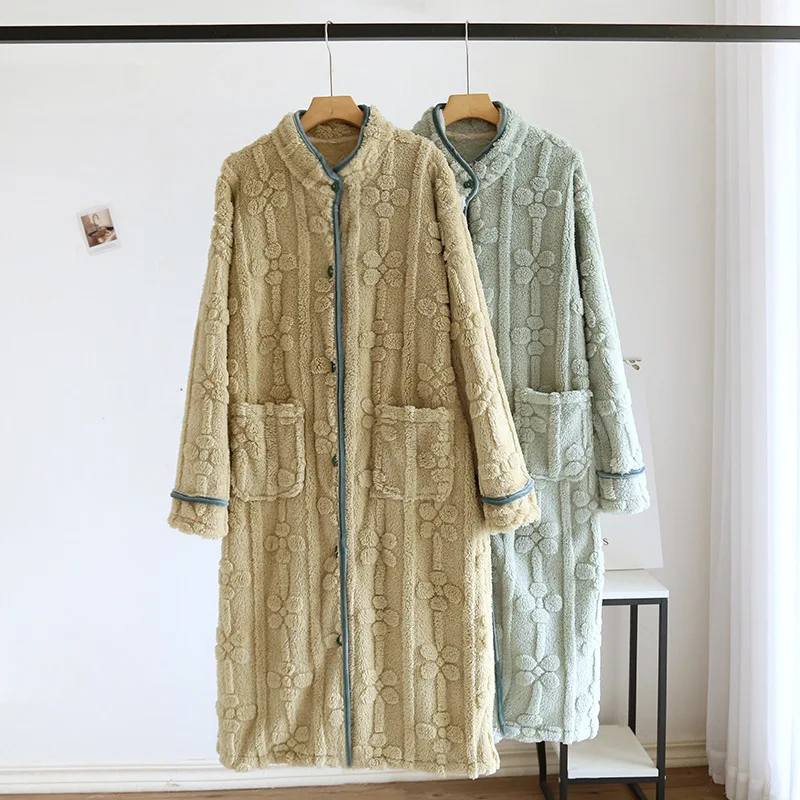 2024 New Autumn and Winter Women\'s Nightgown Flannel Sweet and Cute Bathrobe Women\'s Nightdress Stand Collar Button Home Dress