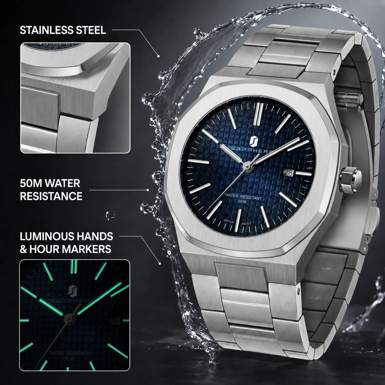 SAPPHERO Luxury Business Men\'s Watch Stainless Steel Waterproof Watch For Men Glowing Hand Date Function Tough Men Gift Watch