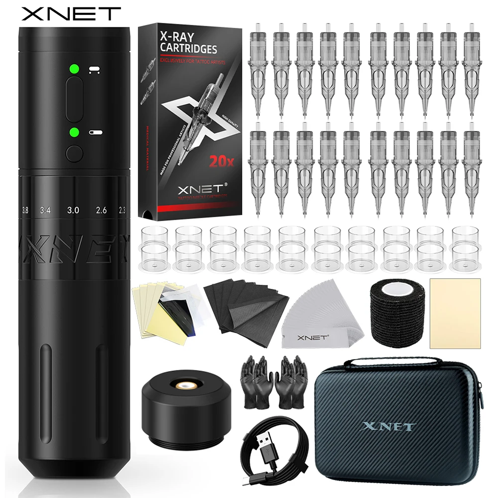 

XNET Wireless Tattoo Machine Pen Kit E1 20pcs Needles Set 7 Adjustable Stroke Custom Motor 2000mAh Battery Makeup Pen For Tattoo