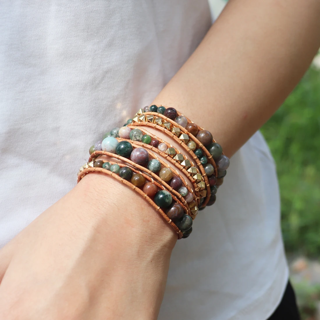 Unique Mix Strands Leather Bracelet Multicolor Natural Stone Woven Wrap Bracelets Bohemian Bracelet Drops Hipping