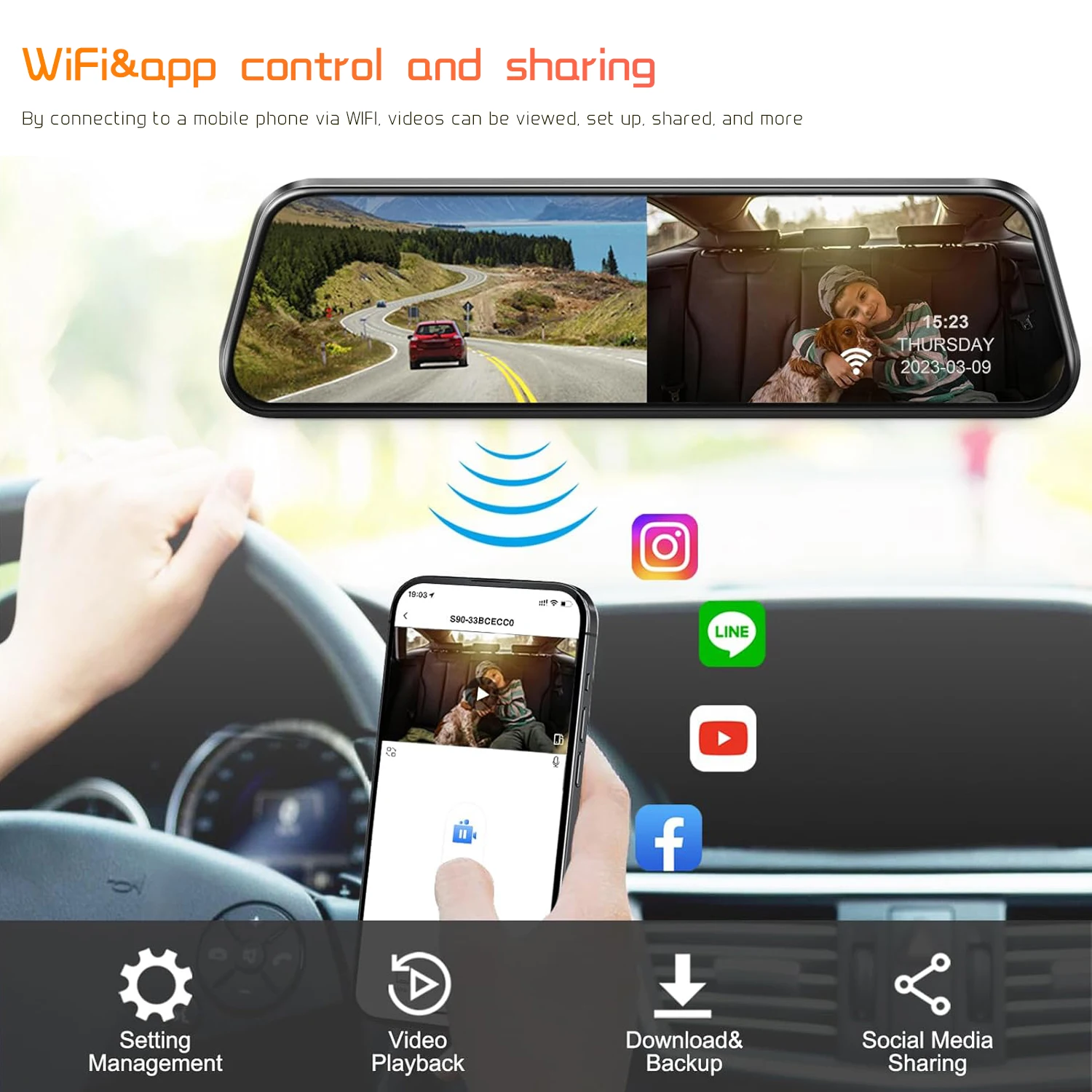 3 Camera Wifi 10 Inch Rear View Mirror Dash Cam 3 Ways Car Camera Touch Screen Inside And Out Side 3 channels Time-lapse