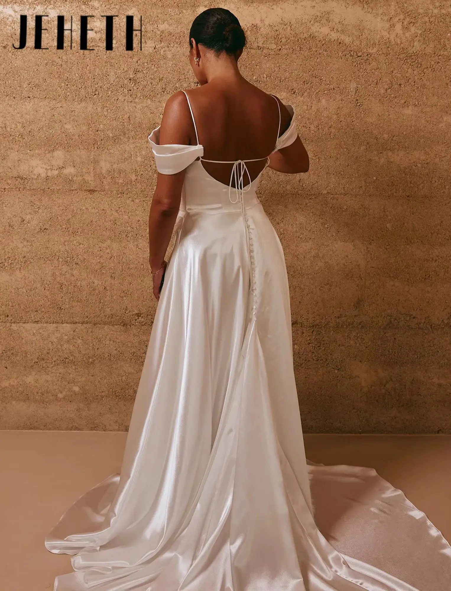Popular Off The Shoulder Backless Stain A Line Civil Wedding Dress Woman Classic Pleat Side Slit vestidos de novia Customized