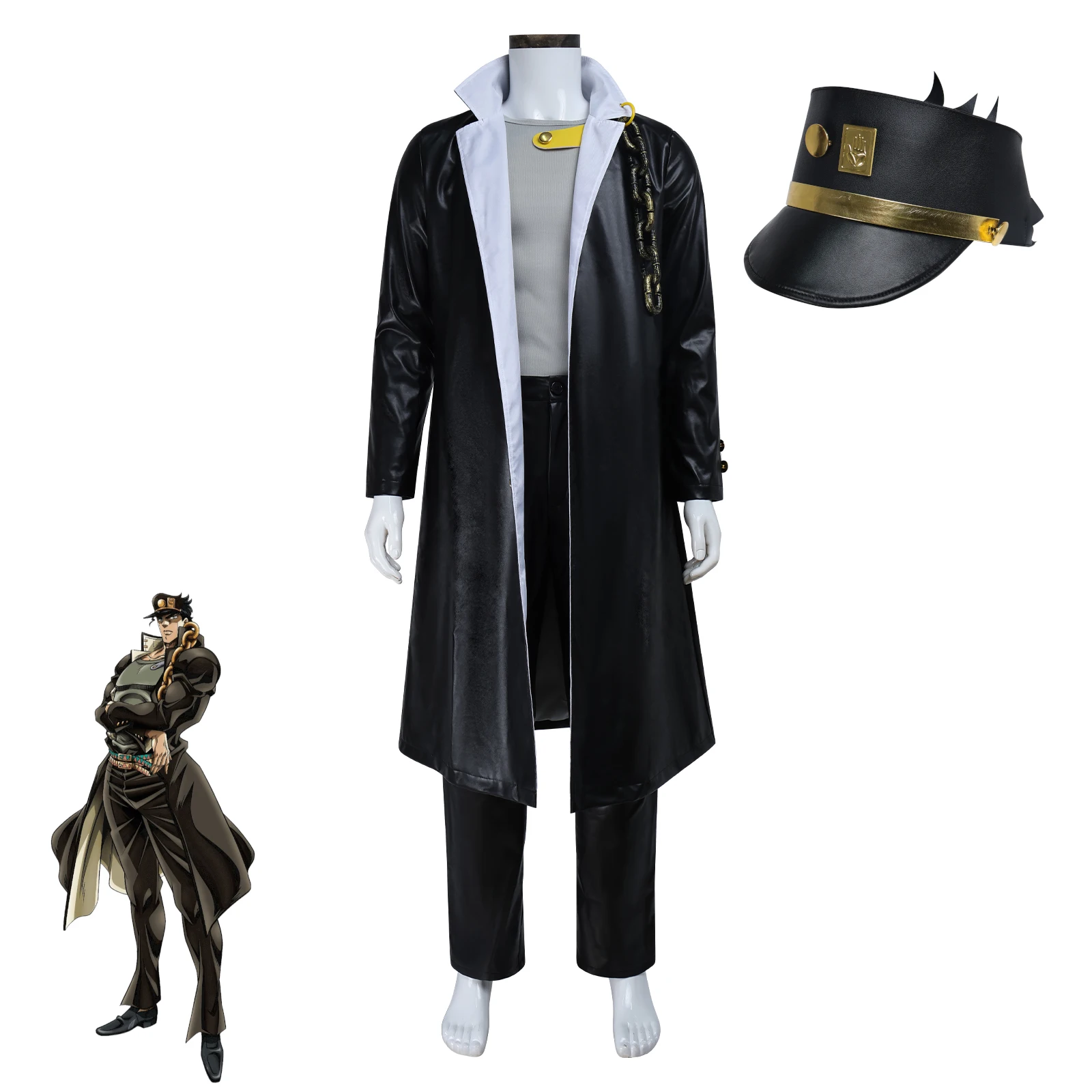 Disfraz Cosplay de Jotaro Kujo JoJo's Bizarre Adventure Stardust Crusaders Abrigo Largo de Cuero Negro para Hombres