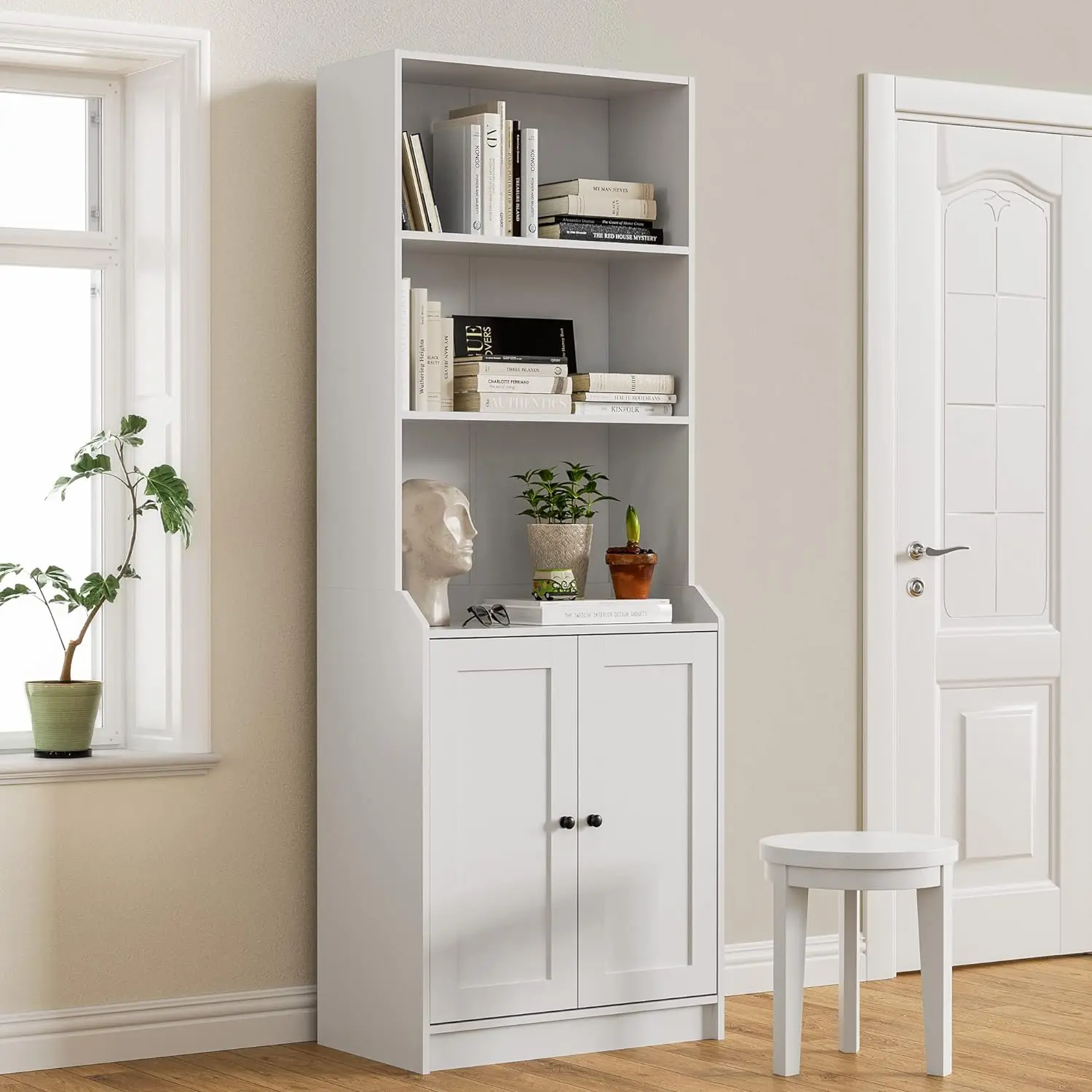 Bookshelf with Doors, Tall Bookcase with 3-Tier Open Shelves for Bedroom, Living Room