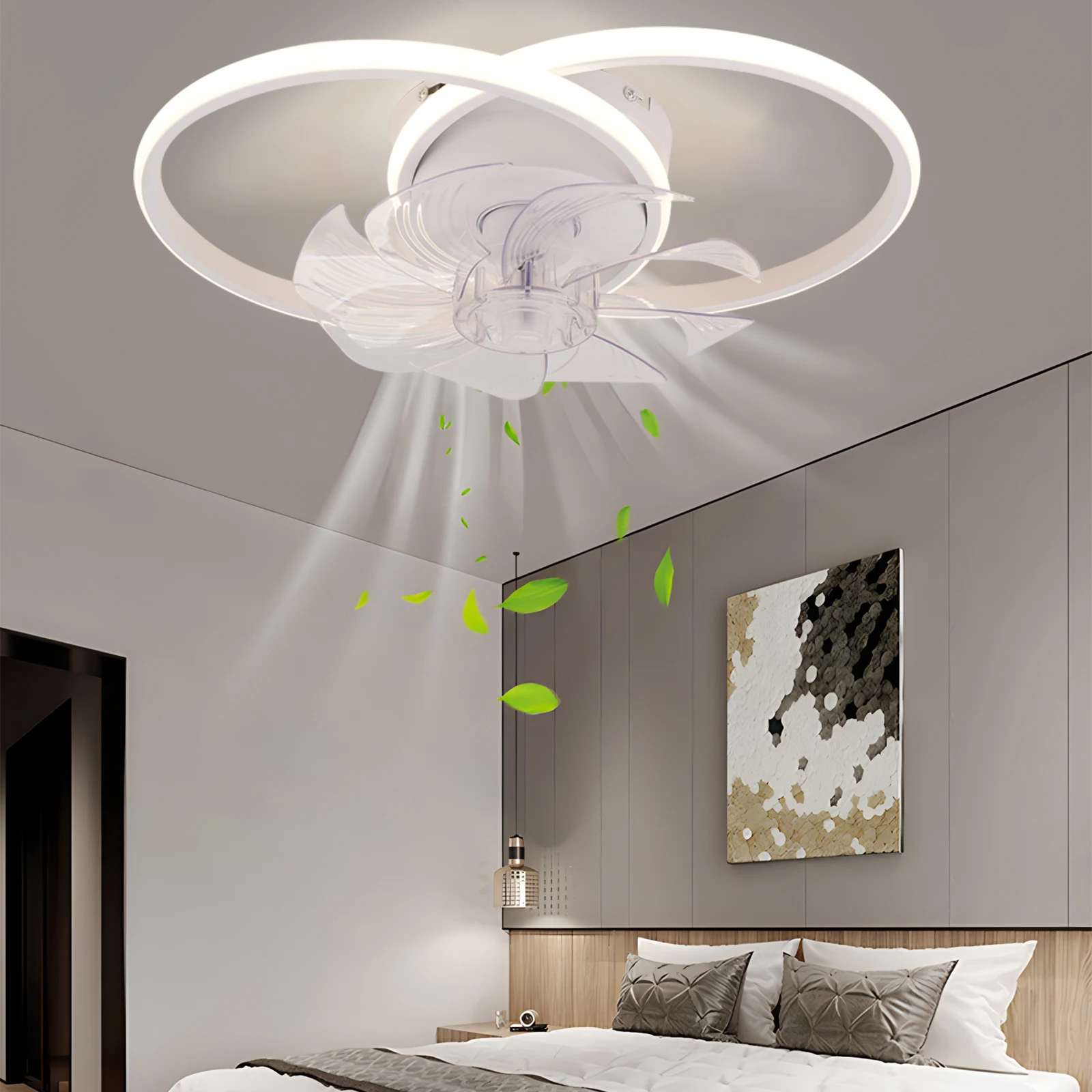 Ultra-Thin Double Circle LED Fan Light Low Noise 40W High Brightness 6 Speed Reversible Motor For Living Room Dining Room Study