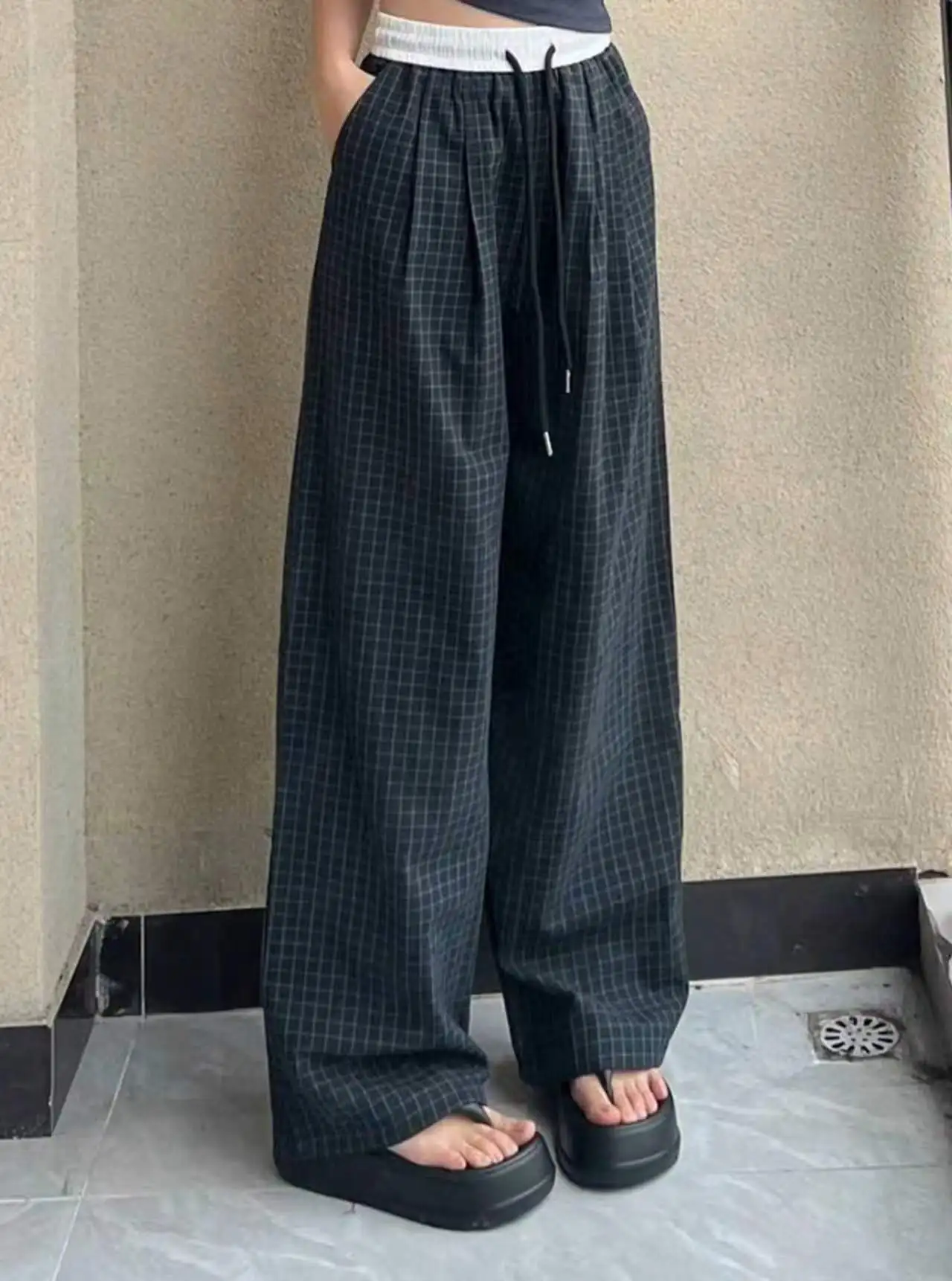 Women's Casual Plaid Elastic Waist Drawstring Wide-Leg Pants, Black, Spring and Autumn Season