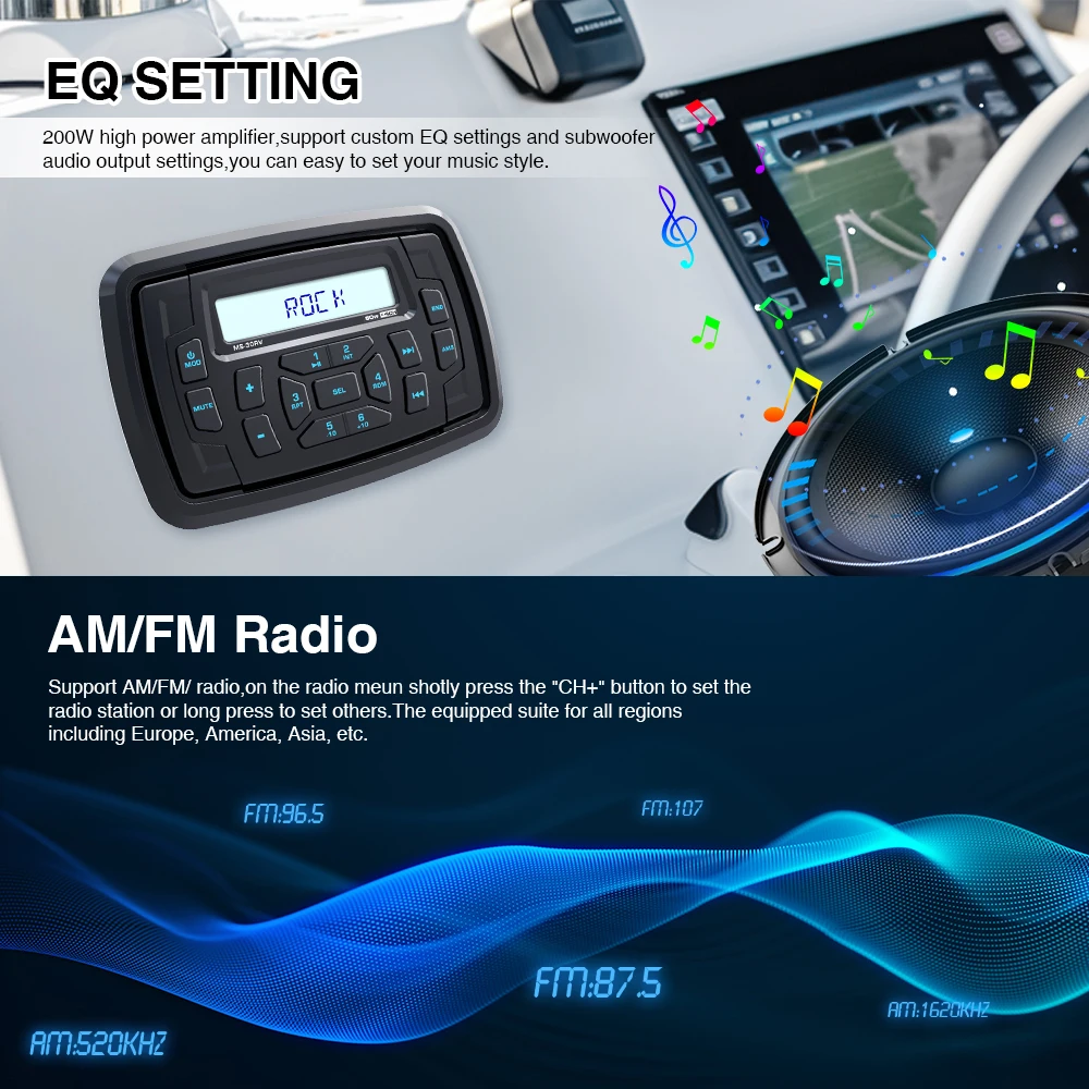 AKAMATE Marine Stereo Boat Radio FM AM MP3 Media Player Wodoodporny odbiornik Bluetooth USB AUX EQ dla UTV ATV SPA RZR IPX5