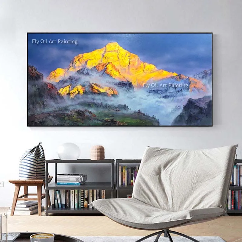 Sun Shines On The Mountains Canvas Painting Golden Mountain Modern Oil Painting Hand Painted Landscape Wall Art For Room Decor