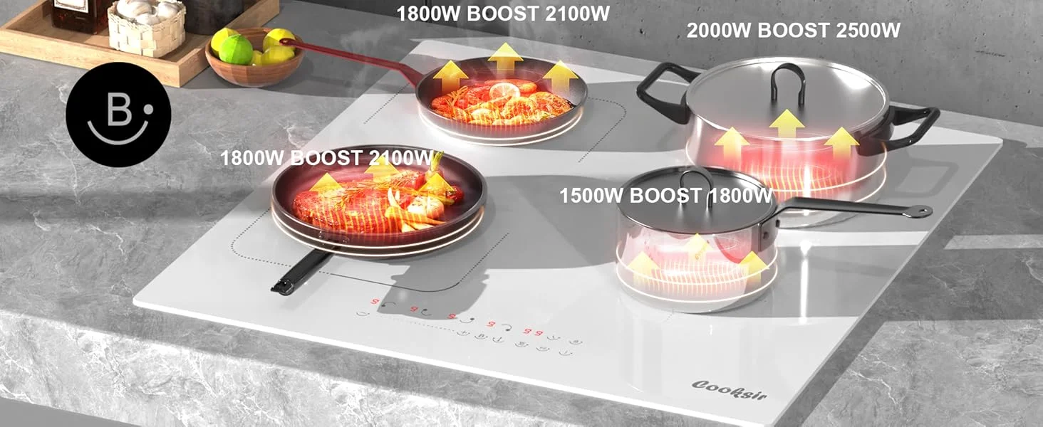 Plakette Induction 4 Feux Blanc mit Prise, Cooksir Plaque de Cuisson Induction Encastrable, 60 cm, 3500 W, Minuterie, 230 V – Detail 2