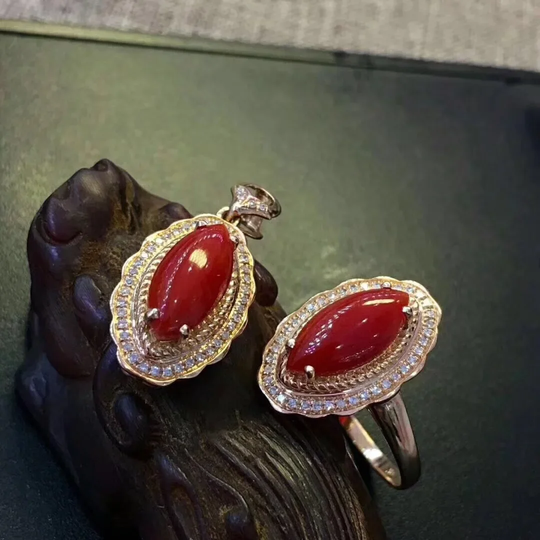 KJJEAXCMY Girls' Natural Red Coral Necklace Pendant Ring 3-Piece Set 925 Pure Silver Plated Gold Gift for Girlfriend Christmas,
