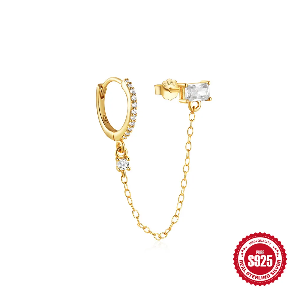 Aide Real 925 Sterling Silver Gold Chain Hoop Stub Piercing orecchino per le donne Block Clear zircone trova gioielli regalo per la festa di nozze