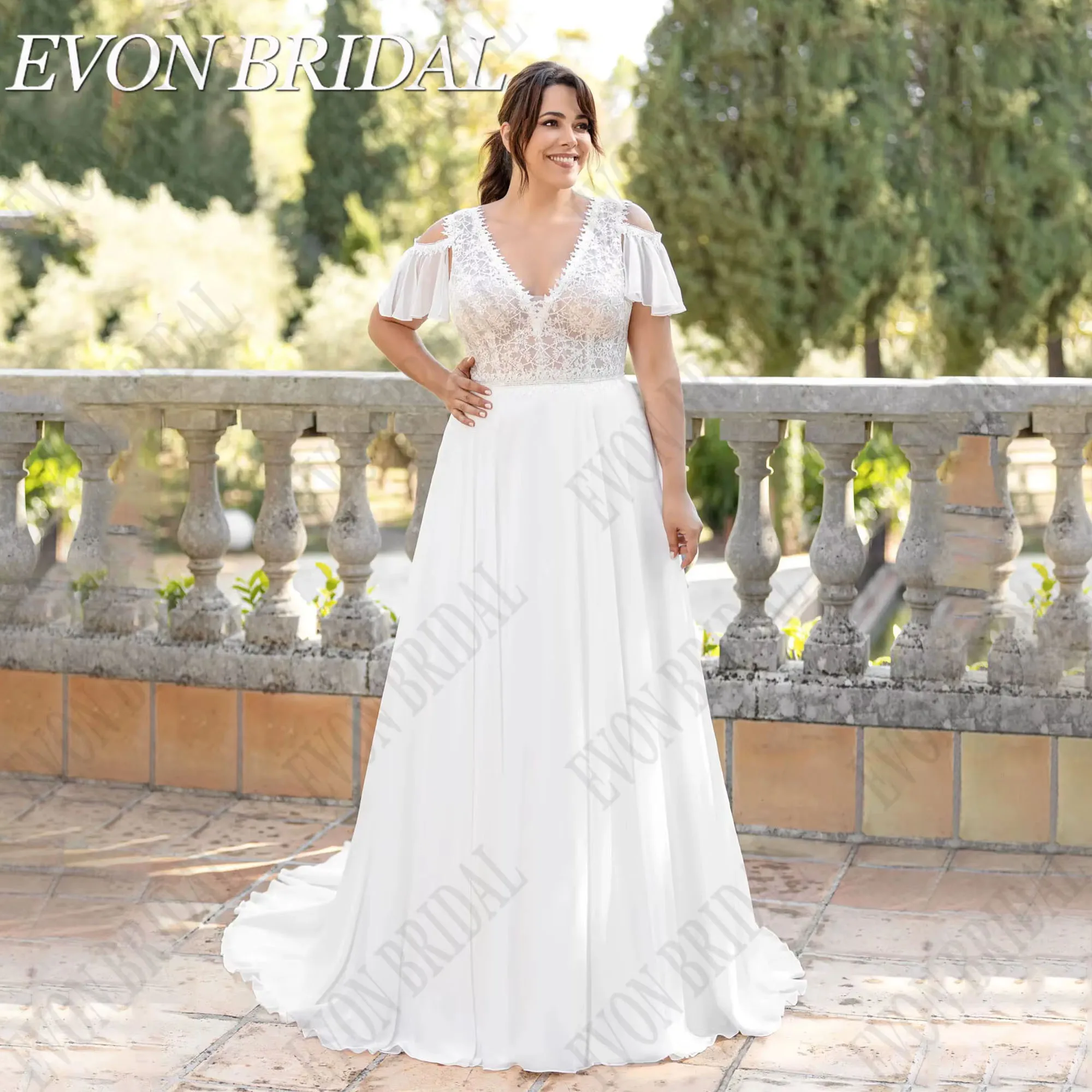 Chiffon Plus Size Wedding Dresses For Women Civil Short Sleeves Bride Gowns Lace Button Robe De Mariée EVON BRIDAL Customized