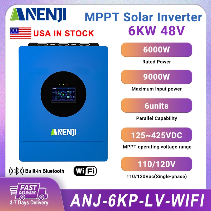 

ANENJI 6KW 48V Hybrid Solar Inverter 110V/120VAC Pure Sine Wave MPPT Inverter 6 Units Parallel 120A Solar Charger PV 500VDC Wifi