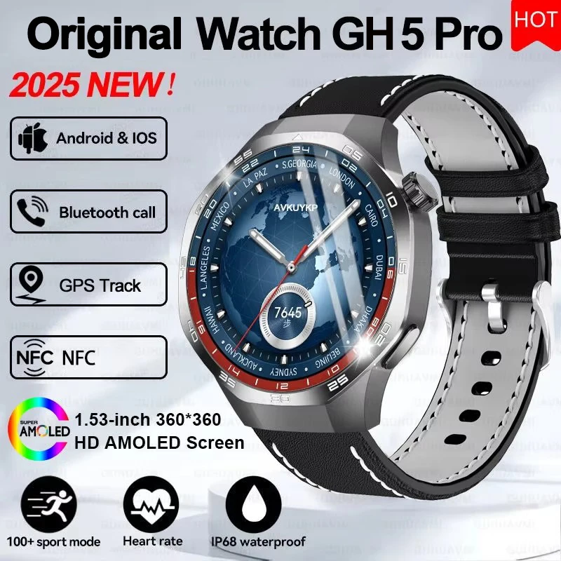 2026 Neue Watch 5 Pro Smartwatch 1,53“ AMOLED-Bildschirm NFC GPS-Tracker BT-Anruf Gesundheitsüberwachung Wasserdichte Smartwatch für Männer und Frauen für Android